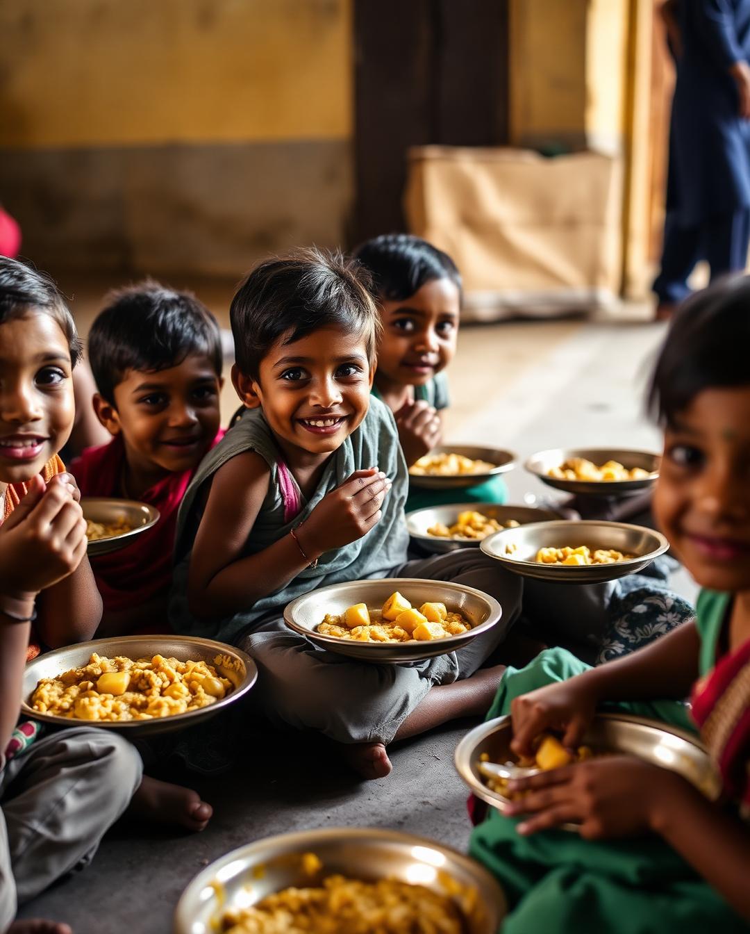 Children joyfully eating khichdi prasadam at our community kitchen
